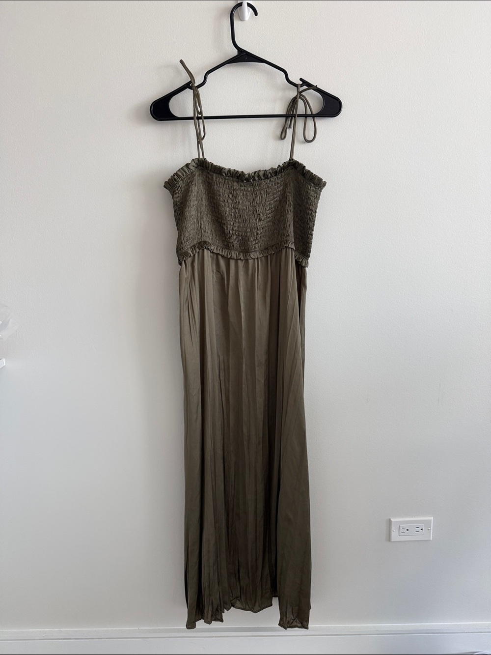 Zara Olive Green Smocked Maxi Dress with Tie Straps